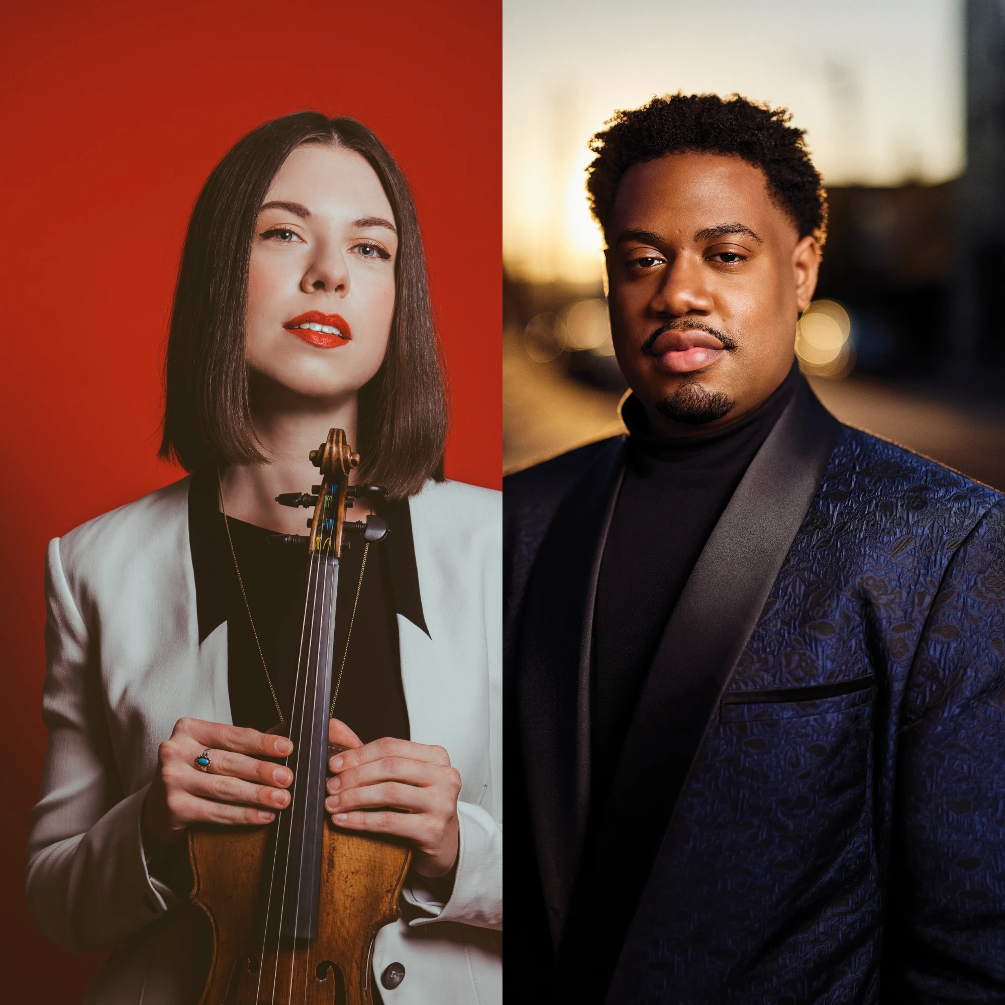 Side by side portraits of Tessa Lark, violin, and Key'Mon Murrah, countertenor.