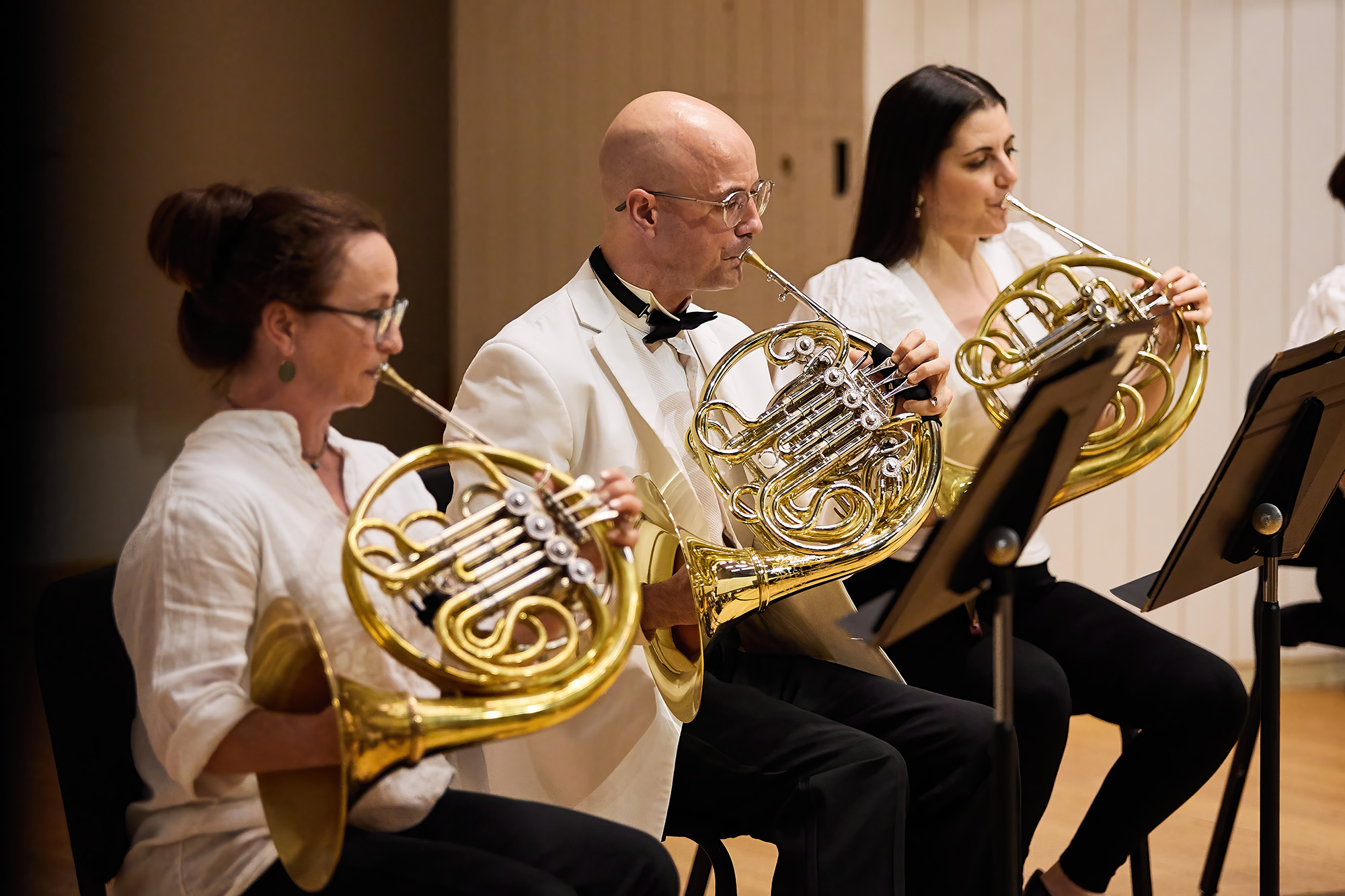 Photo of three orchestra members playing french horns.