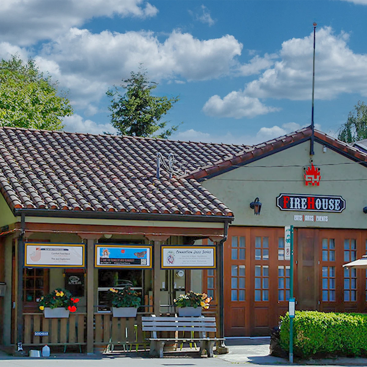 Exterior photo of the Firehouse cafe on a sunny day.