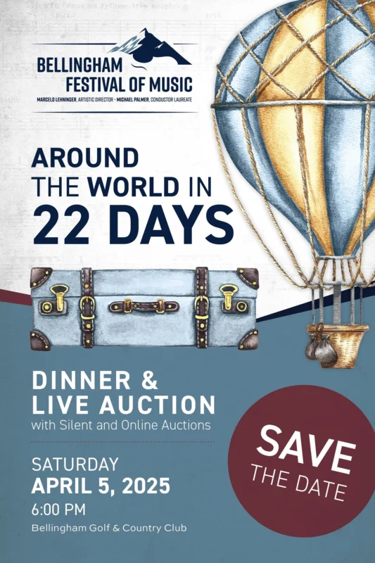 Graphic for the Annual Benefit Auction, featuring the theme, "Around the World in 22 Days". and an illustration of a vintage hot air balloon.