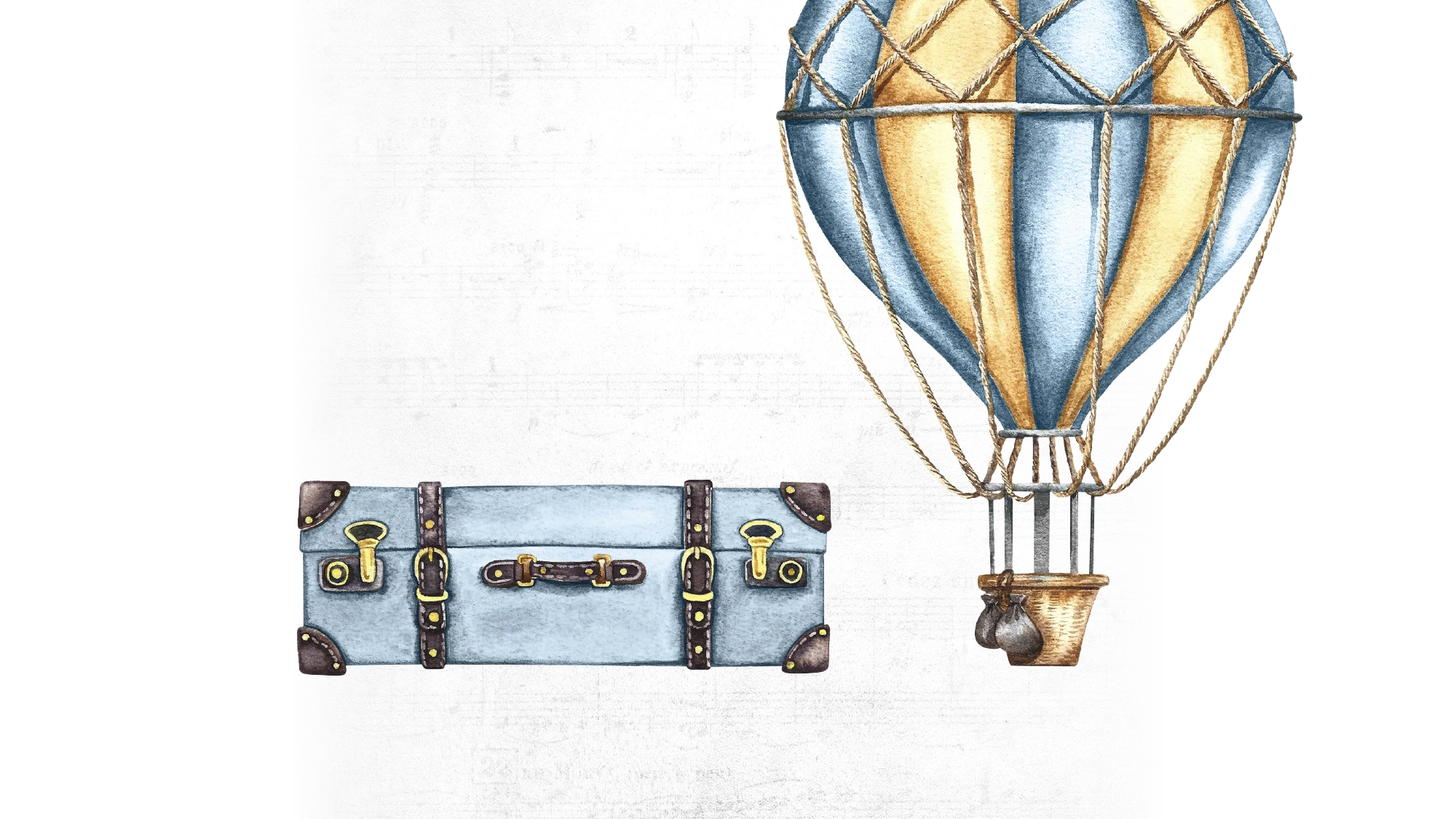 Graphic illustration of a vintage suitcase and hot air balloon.