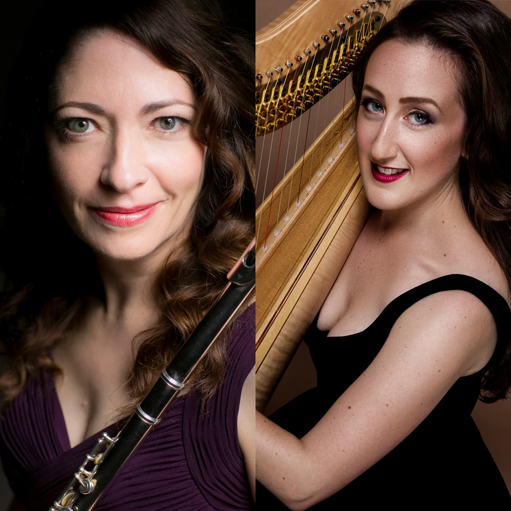 Portraits of Christina Smith, flute and Sophie Baird-Daniel, harp.