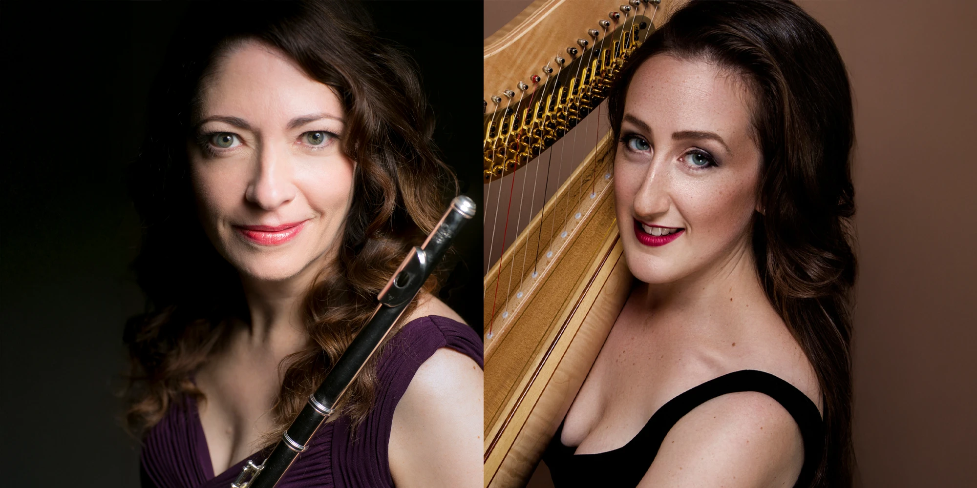 Portraits of Christina Smith, flute and Sophie Baird-Daniel, harp.