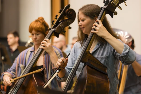 Female double bass player performing intently alongside fellow string musicians during an orchestra rehearsal.